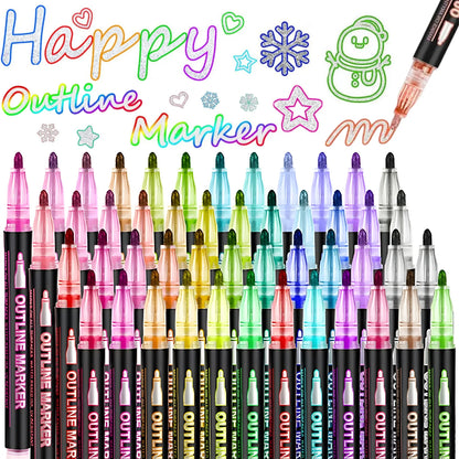 Double Line Outline Markers,Squiggles Shimmer Markers Set,Self Outline Metallic Glitter Marker Pens for Christmas,Art,Drawing
