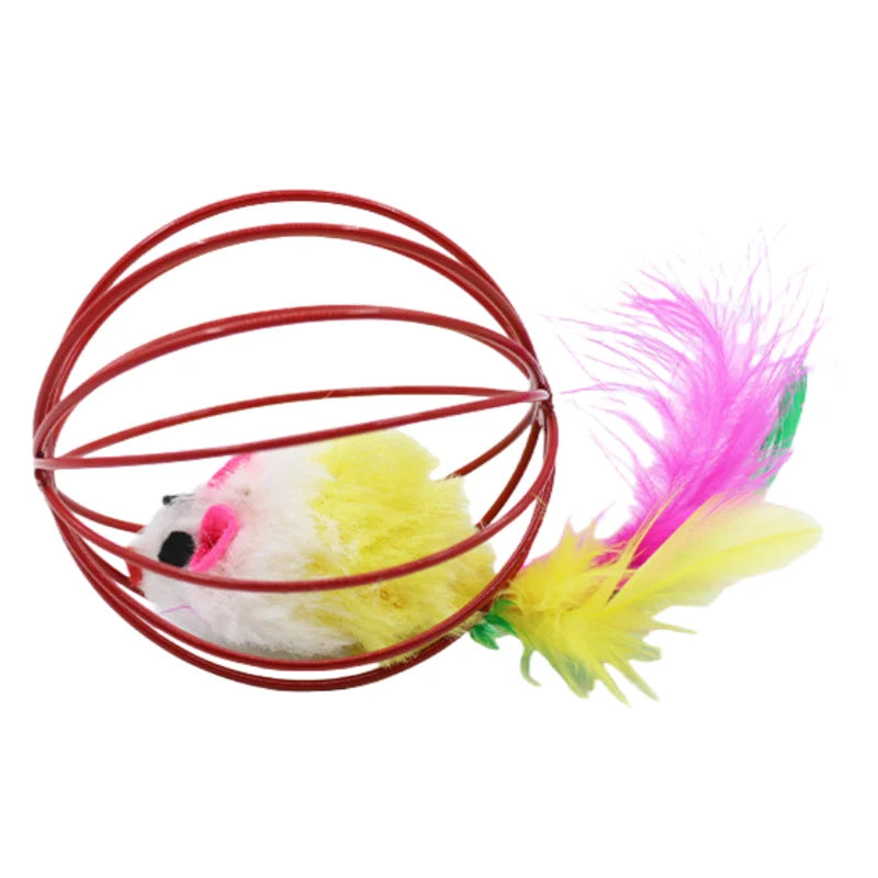 1Pcs Cat Toys Colorful Feathers Colorful Plush Mouse Ball Cage Cat Fun Creative Interactive Toys Pet Supplies Random Colors