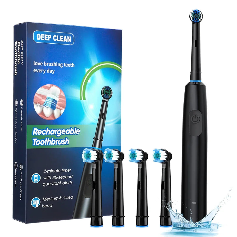 5 Modes Rotating Electric Toothbrush for Adults Smart Timer Deep Clean USB Rechargeable Tooth Brush with Replacement Heads
