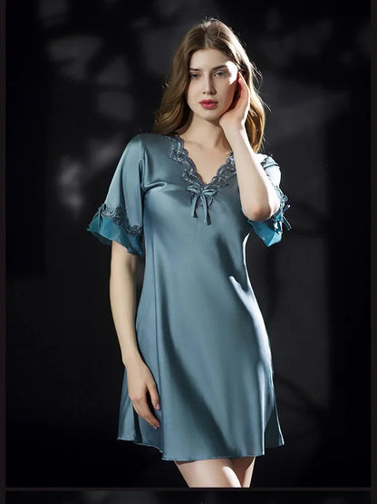 New Summer Women Sleepwear Ice Silk Nightdress Robe Sexy Lingerie Nightgown Lady Homewear Female Night Home