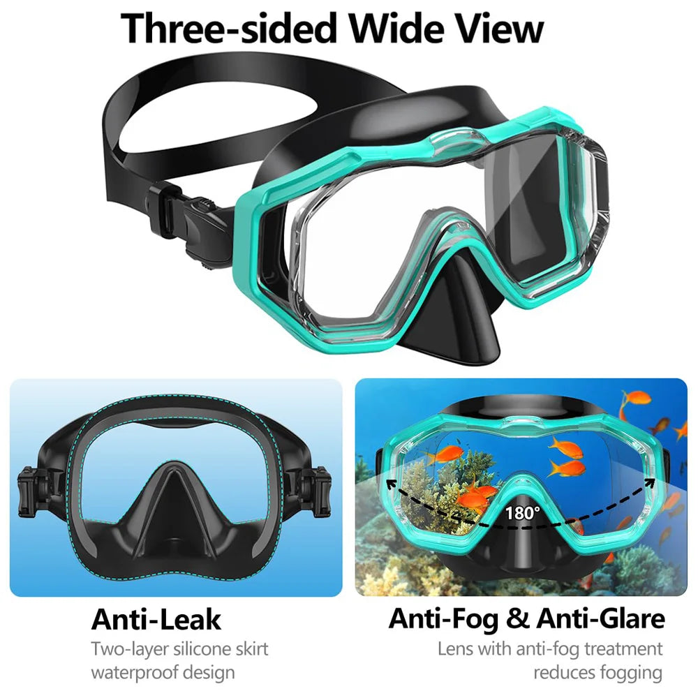 3 Windows Snorkel Mask Set Scuba Diving Swimming Goggles Panoramic Wide View HD Dry Top Anti-Leak Anti-Fog For Adults and Kids