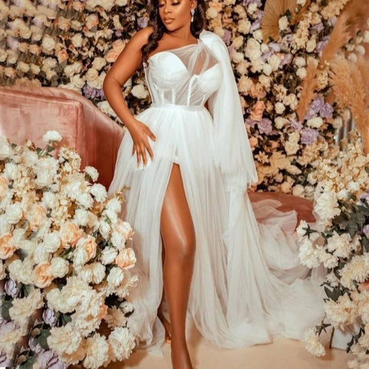 Wedding Robes for Bride Customized One Shoulder Thigh High Slits Kimono Pregnant Party Sleepwear Women Bathrobe Bridal Wrap