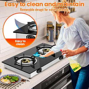 28,000 BTU 2-portable Gas stove, tempered glass cooking plate, pizo ignition, high power indoor and camping