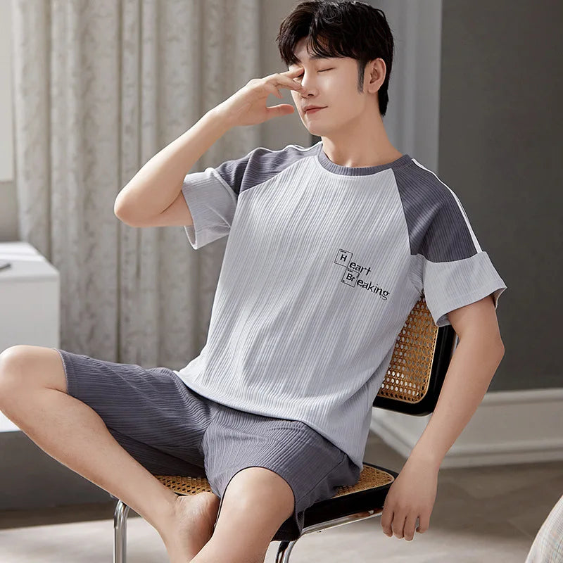 Cotton Pajamas Men Autumn and Winter Short Sleeve Shorts Loose Teen Cartoon Casual Loungewear Set Large Size Short Sleepwear