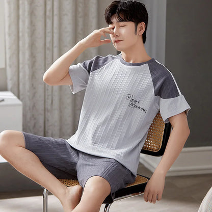 Cotton Pajamas Men Autumn and Winter Short Sleeve Shorts Loose Teen Cartoon Casual Loungewear Set Large Size Short Sleepwear