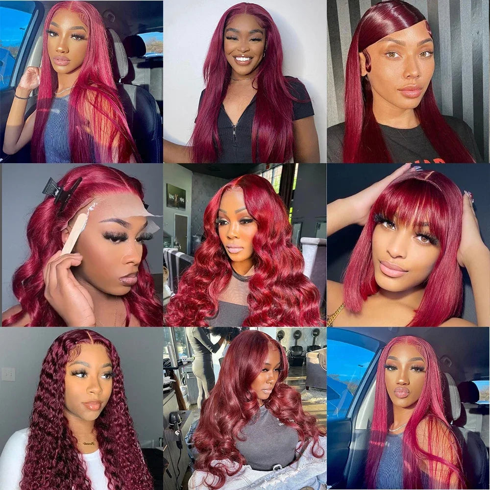 13x4 99j Burgundy Lace Front Wig 13x6 Straight Lace Frontal Wigs HD Transparent Lace Colored Remy Red Human Hair Wigs For Women