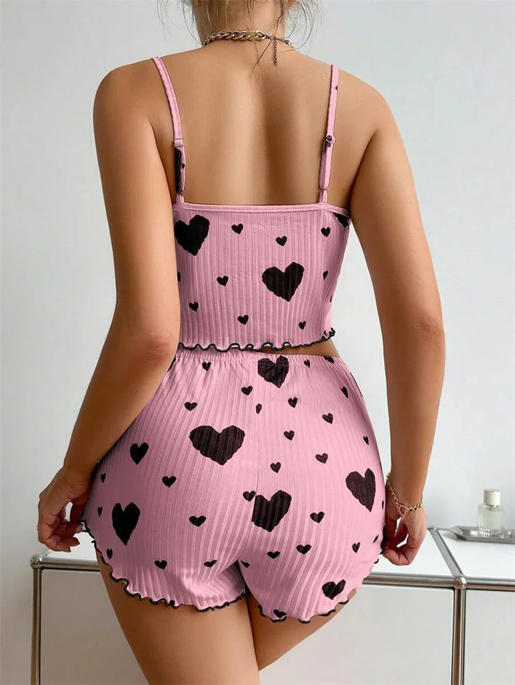 Sexy Girl Pajama Sets Love Heart Print Cami Top+Shorts Leisure Stripe Pyjamas Women Home Clothes Summer Sleeveless Sleepwear