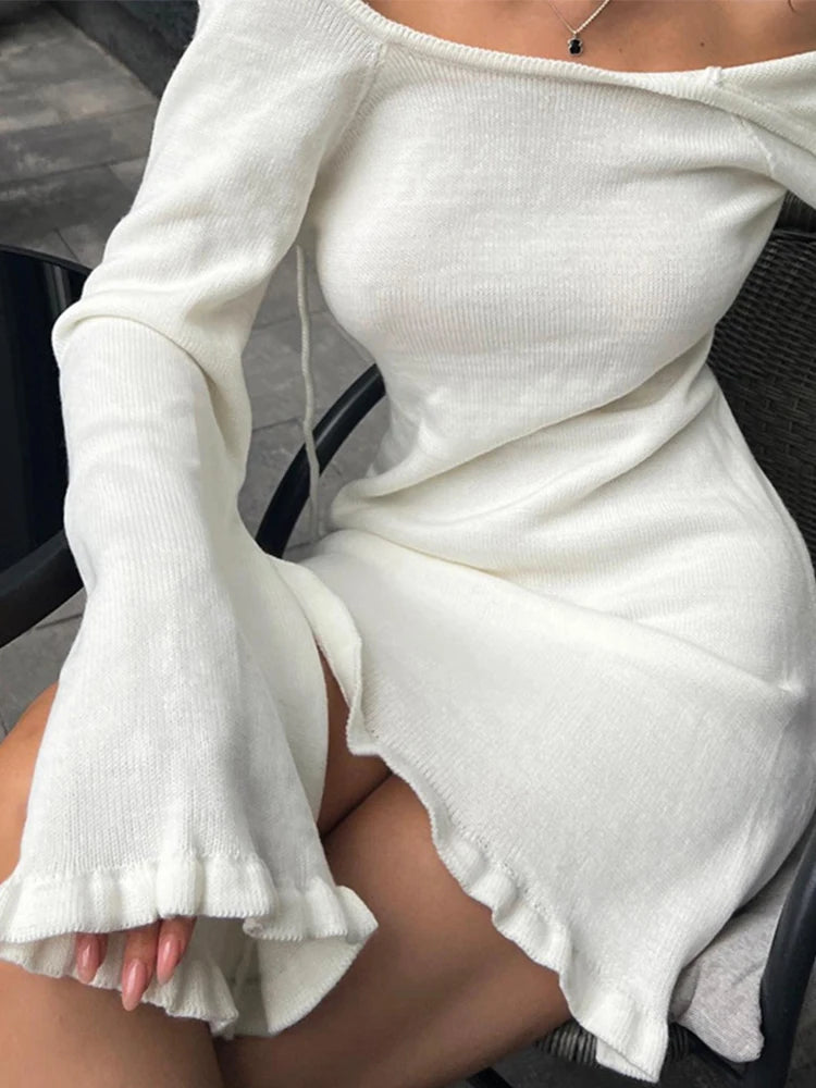 2026 Women Ins Style Sexy Backless Neck-hanging Long Sleeve Fishtail Dress Knit Beachwear Summer Swimsuit Bikini Cover-ups A2825