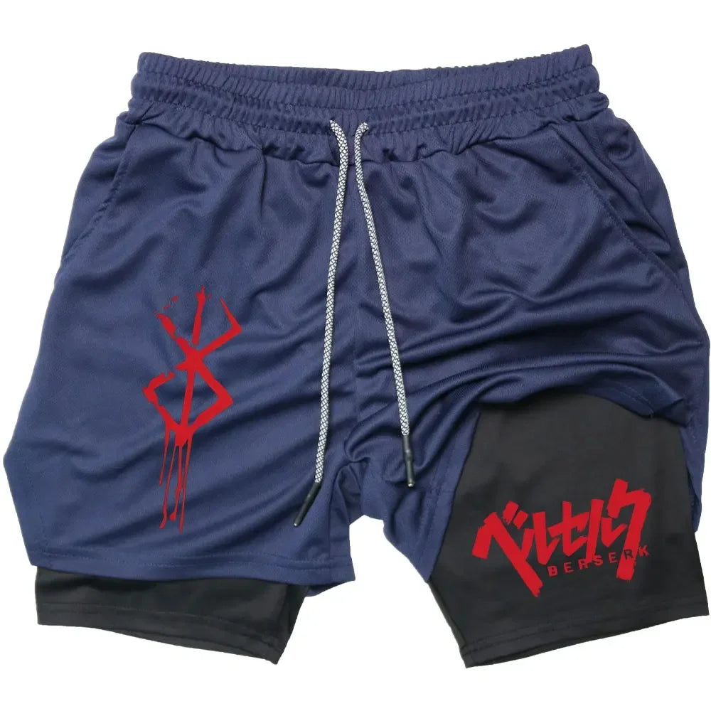 Anime Berserk 2 in 1 Gym Shorts for Men Active Athletic Compression Shorts 5 Inch Quick Dry Stretchy Training Fitness Workout