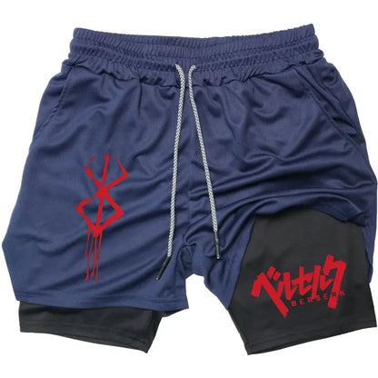 Anime Berserk 2 in 1 Gym Shorts for Men Active Athletic Compression Shorts 5 Inch Quick Dry Stretchy Training Fitness Workout