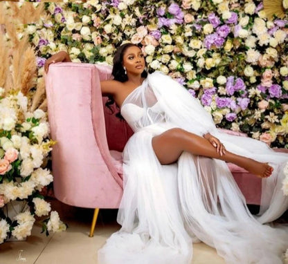Wedding Robes for Bride Customized One Shoulder Thigh High Slits Kimono Pregnant Party Sleepwear Women Bathrobe Bridal Wrap