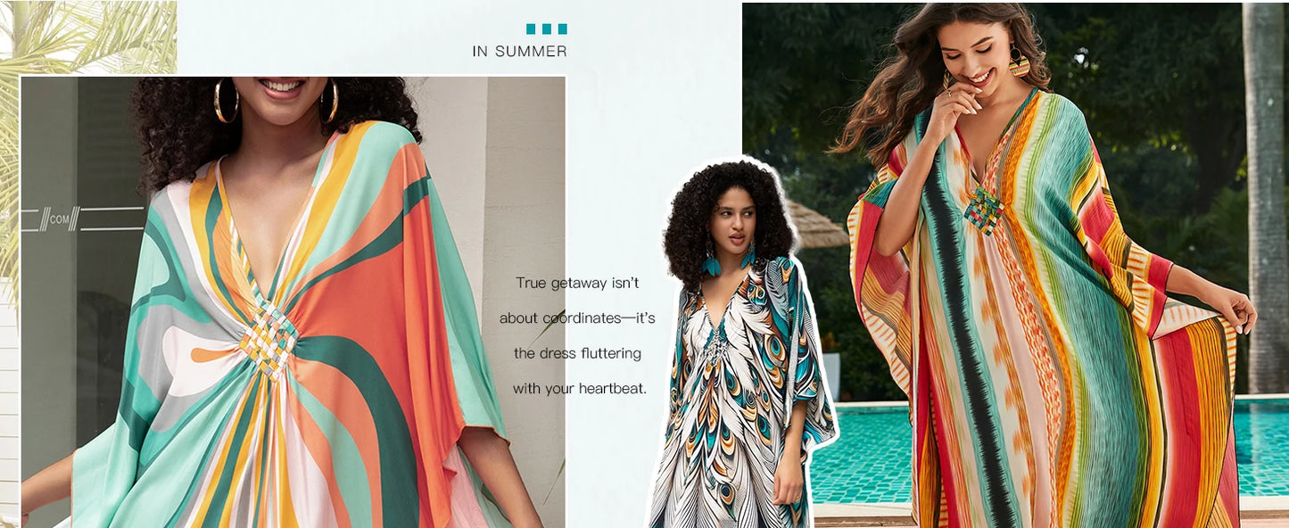 Plus Size Kaftan Dress for Women Hawaiian Batwing Sleeve Beach Cover Up Summer Swimsuit Dresses