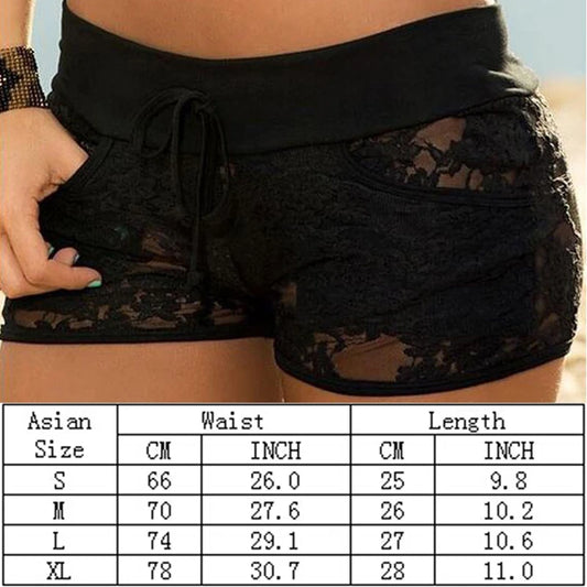 Black Lace Women Shorts Lacing Low Waist Sexy Hollow Out Women Short Pant fashion Pocket Drawstring Shorts