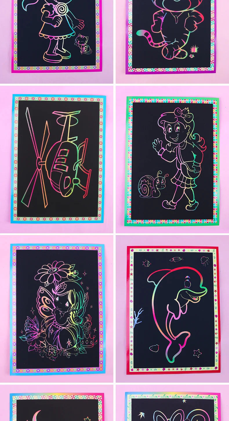10Pcs Scratch Art Paper Magic Painting Paper with Drawing Stick Drawing Toys Kids Learning Educational Toys for Children Gifts