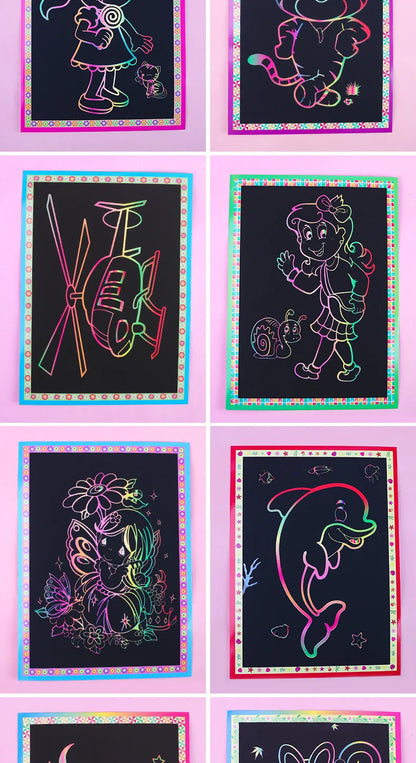 10Pcs Scratch Art Paper Magic Painting Paper with Drawing Stick Drawing Toys Kids Learning Educational Toys for Children Gifts