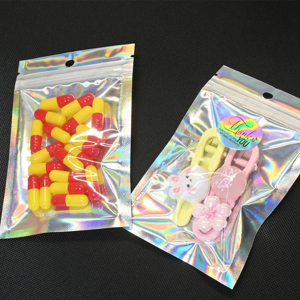 200-1PCS Laser Sealing Bags Color Plastic Holographic Candy Food Pouch Resealable Necklace Jewelry Gift Packaging Storage Bag