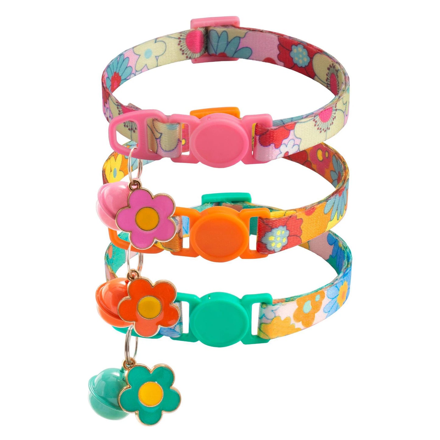 1.0cm Printed Pet Collar Adjustable Safety Buckle Cat Collar with Bell and Metal Flower Pendant for Cats and Puppy Pet Supplies