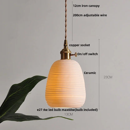 IWHD White Ceramic LED Pendant Lamp Bedroom Study Balcony Wire Adjustable Copper Socket Nordic Modern Home Decor Hanging Lights