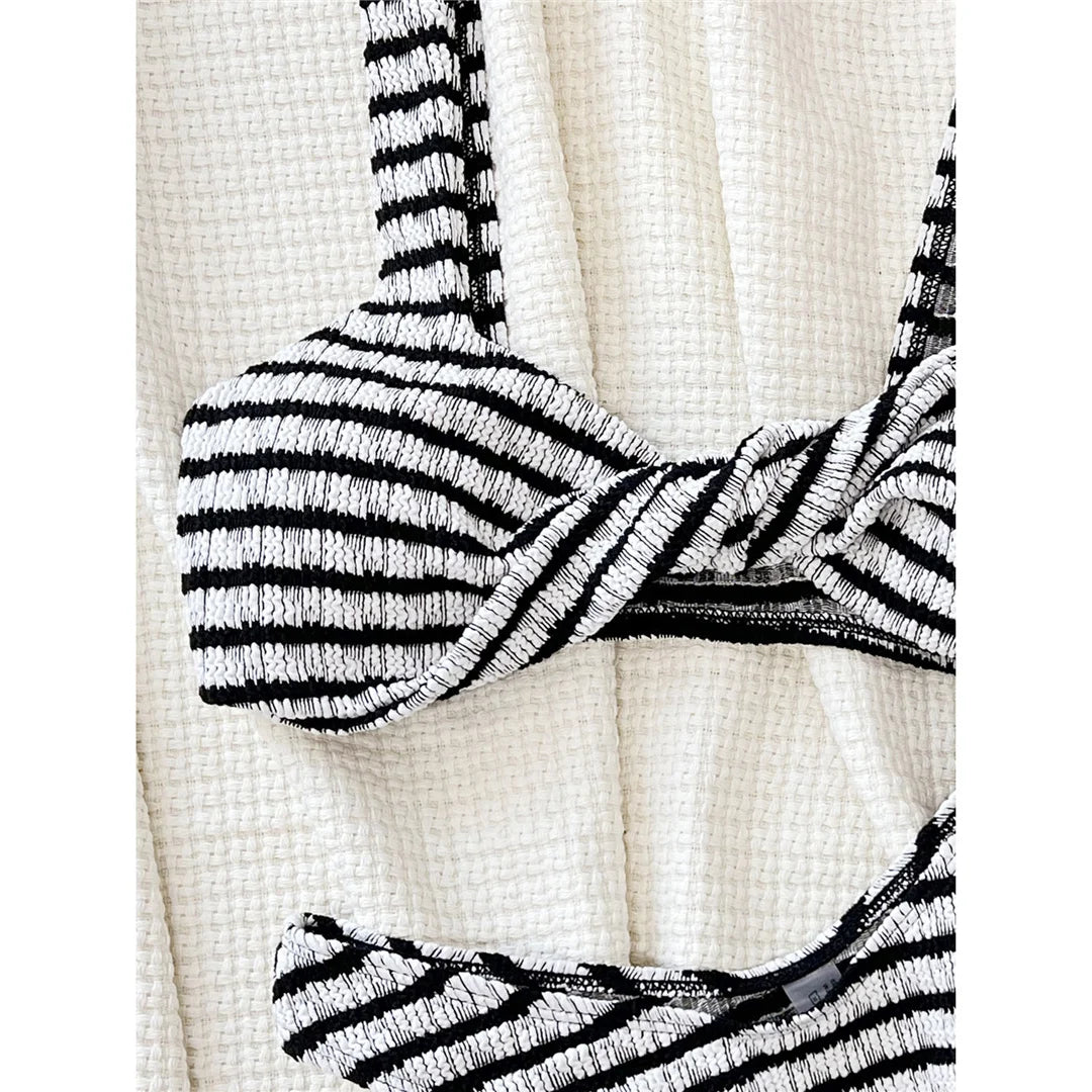 Striped Wrinkled Brazilian High Cut Bikini Women Swimwear Female Swimsuit Two-pieces Bikini set Bather Bathing Suit Swim V5665