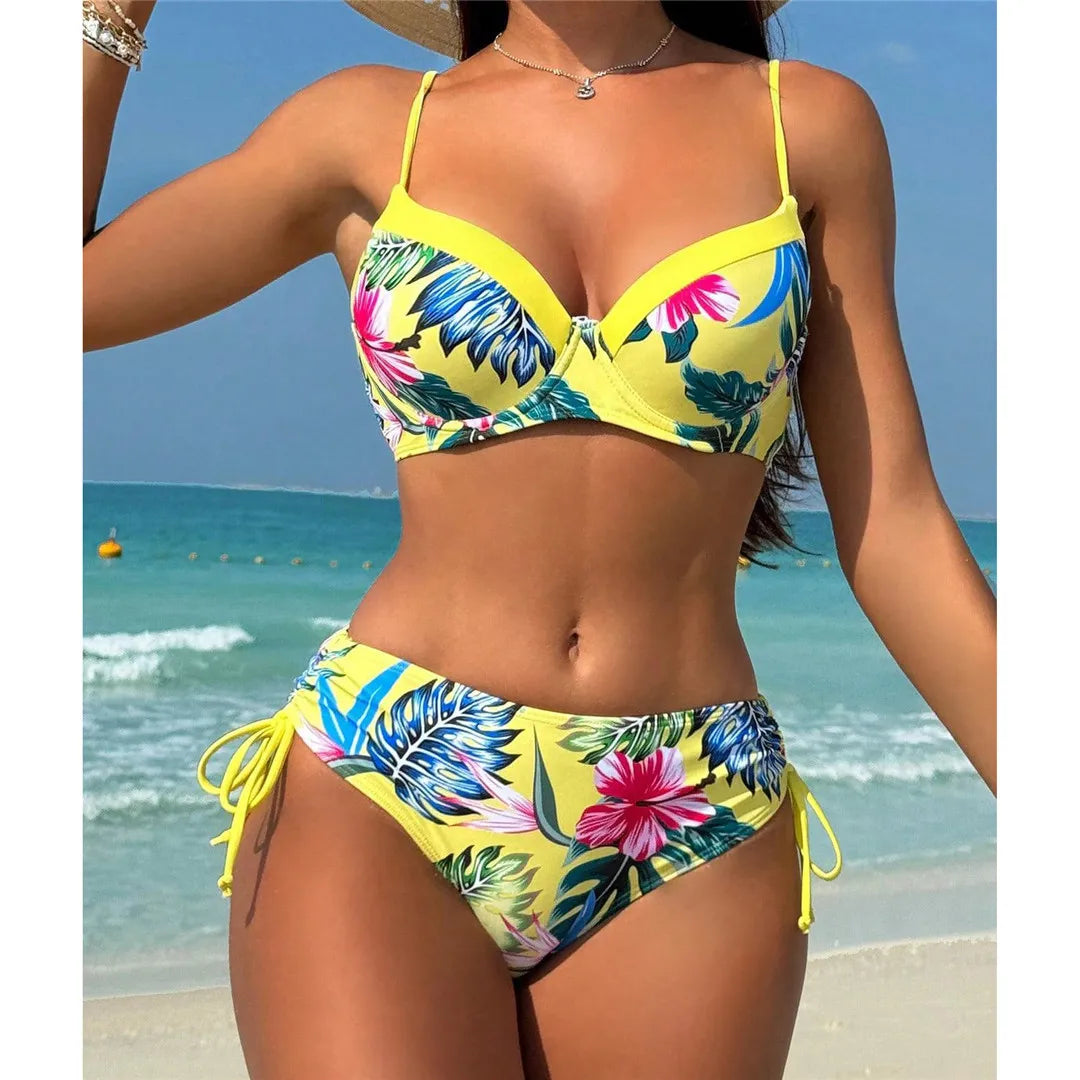 Floral Printed Underwired Mid Waist Bikini Female Swimsuit Women Swimwear Two-pieces Bikini set Bather Bathing Suit Swim K6456