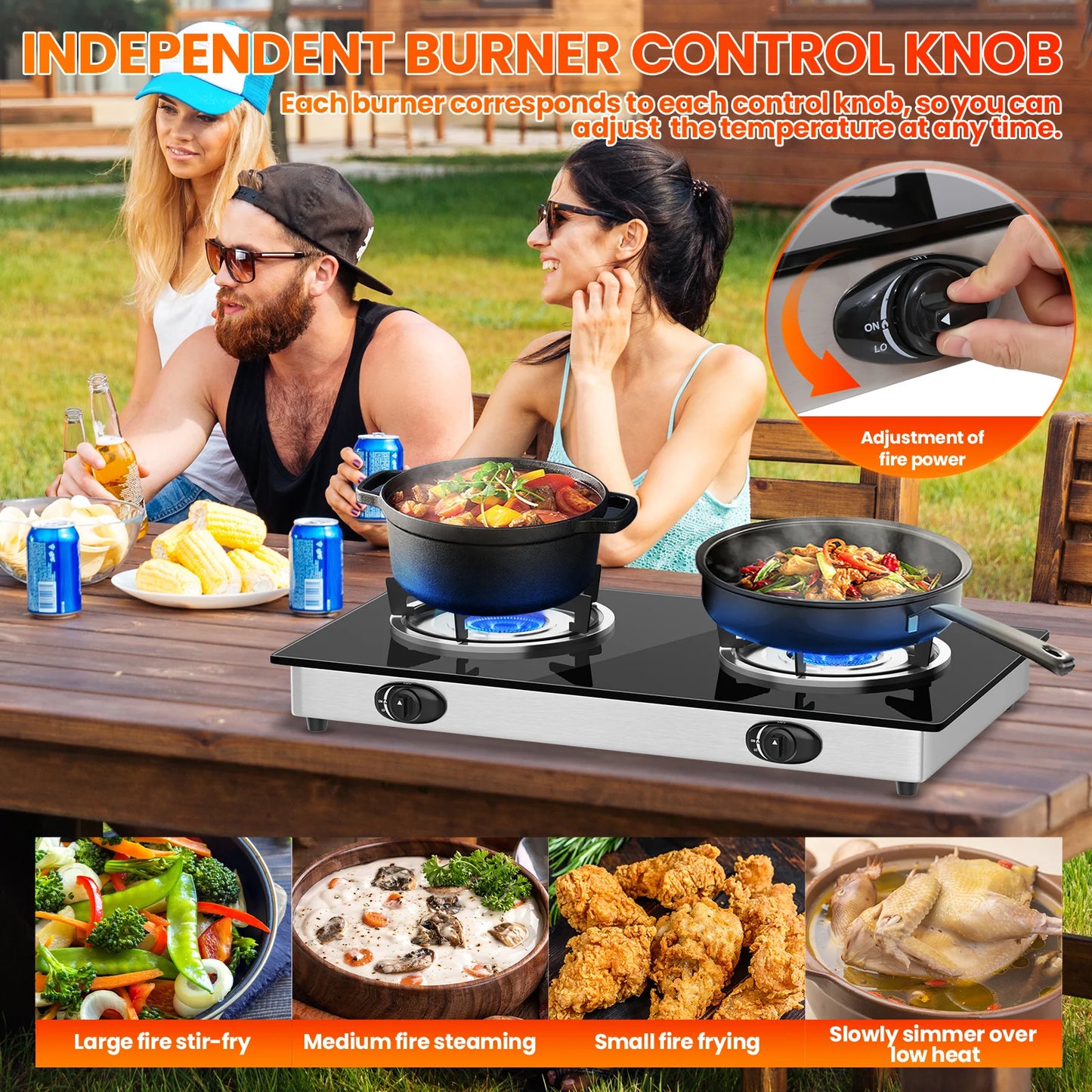 28,000 BTU 2-portable Gas stove, tempered glass cooking plate, pizo ignition, high power indoor and camping