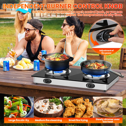 28,000 BTU 2-portable Gas stove, tempered glass cooking plate, pizo ignition, high power indoor and camping