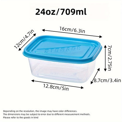 A set of 6 transparent stackable plastic food storage containers with blue lids and measurement markings—reusable, dishwasher an