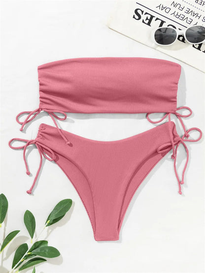 2025 Sexy Low Waist Swimwear New Solid Bandeau Bikini Set Women Push Up Drawstring Beachwear Swimsuit Backless bathing suit