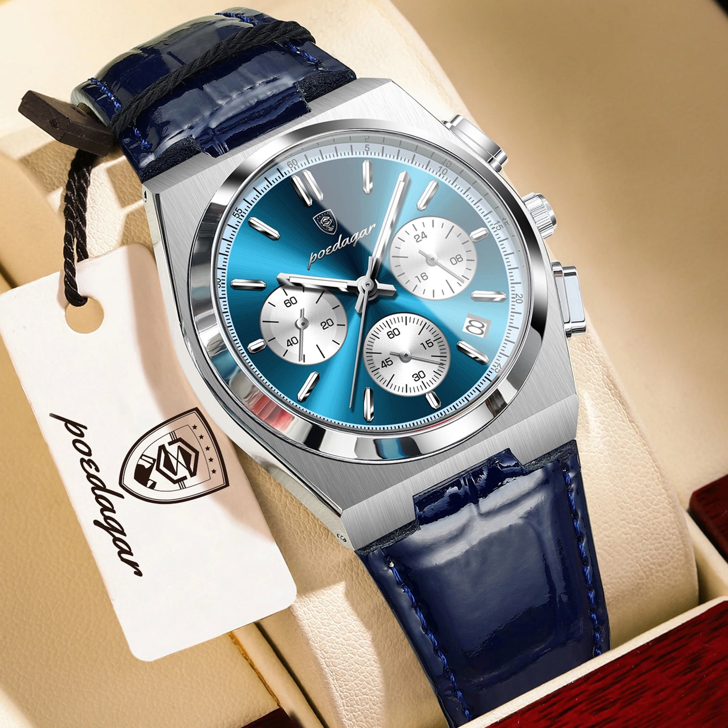 POEDAGAR Business Functional Male Watch Waterproof Luminous Chronograph Date Sports Men Wristwatch Leather Men's Quartz Watches