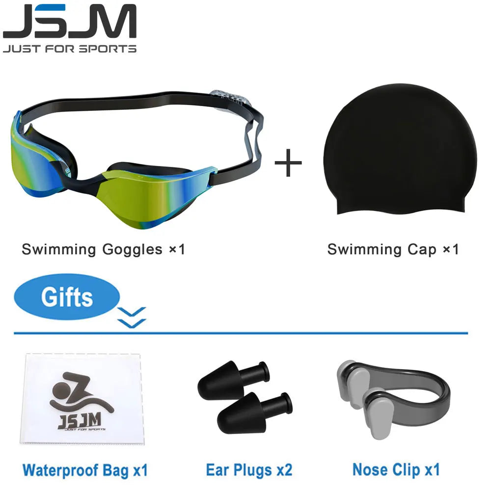 JSJM New Professional Swimming Goggles for Adults HD Anti-Fog Waterproof Silicone Swim Cap + Swim Glasses for Men & Women Gifts