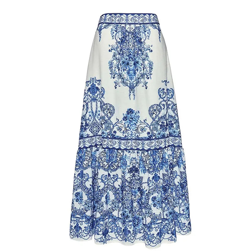 One-piece Women Swimwear Blue Ethnic Style Print Swimsuit  Bodysuit Bikini Set Beach Vacation  Style Wear Maxi Dress Skirt