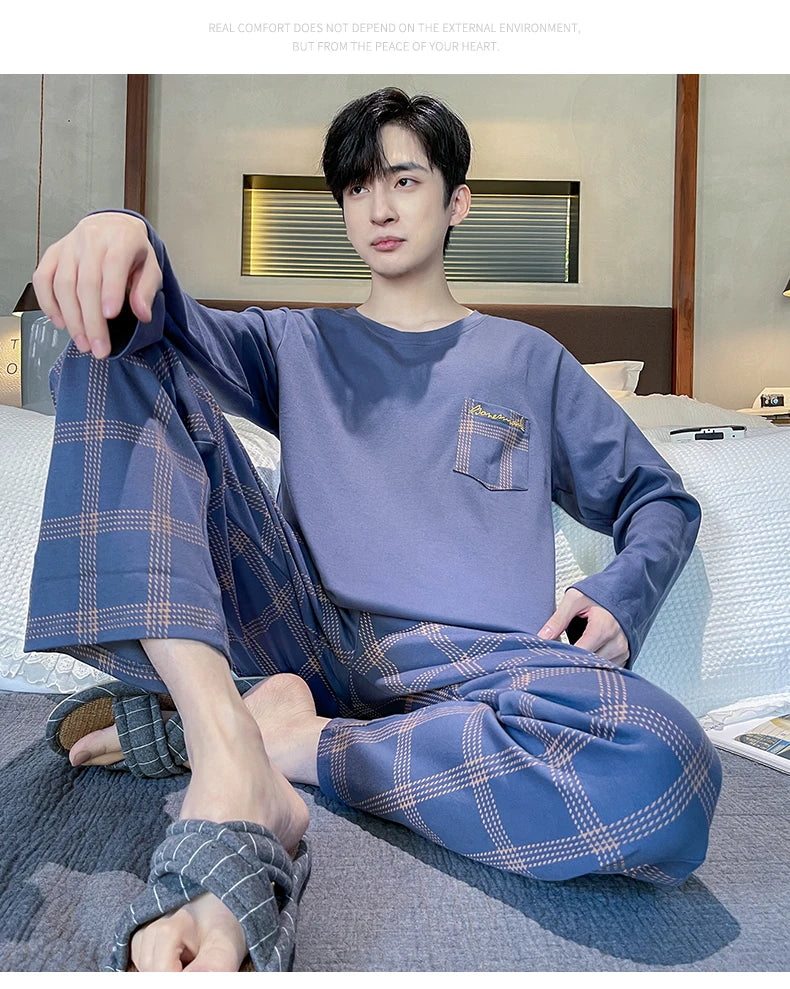 Spring Autumn Plus 4XL Knitted Men's Sleepwear Letter Lattice Pajamas Plaid Pajamas Sets Casual Loungewear Pyjamas Night Fashion