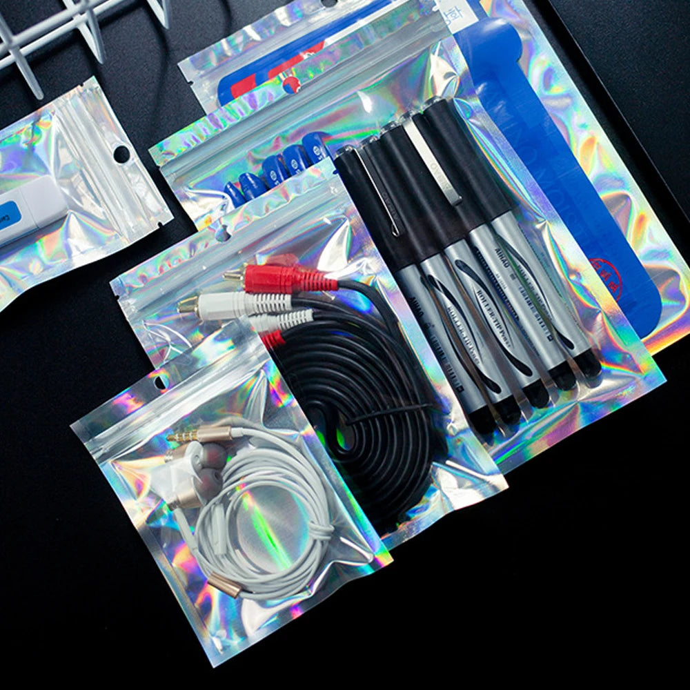 200-1PCS Laser Sealing Bags Color Plastic Holographic Candy Food Pouch Resealable Necklace Jewelry Gift Packaging Storage Bag