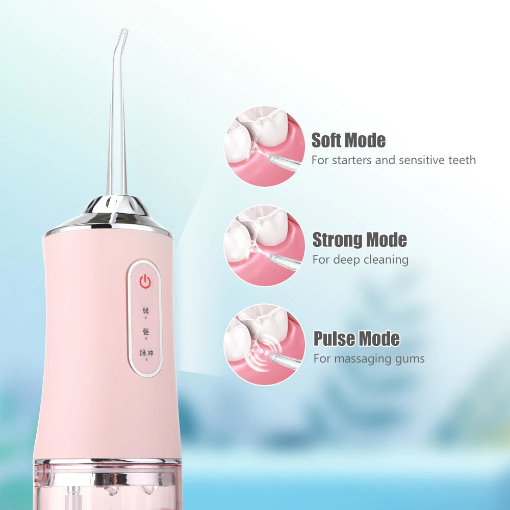 Portable Oral Irrigator Dental Water Flosser USB Water Jet Floss 4 Jet Tip 220ml 3 Modes IPX7 1400rpm Mouth Washing Machine