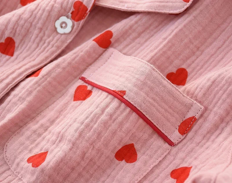 Smal Heart Printing Pink White Colors Women Trousers Pajama Set Cotton Sleepwear Clothes for Spring and Autumn Home Clothing