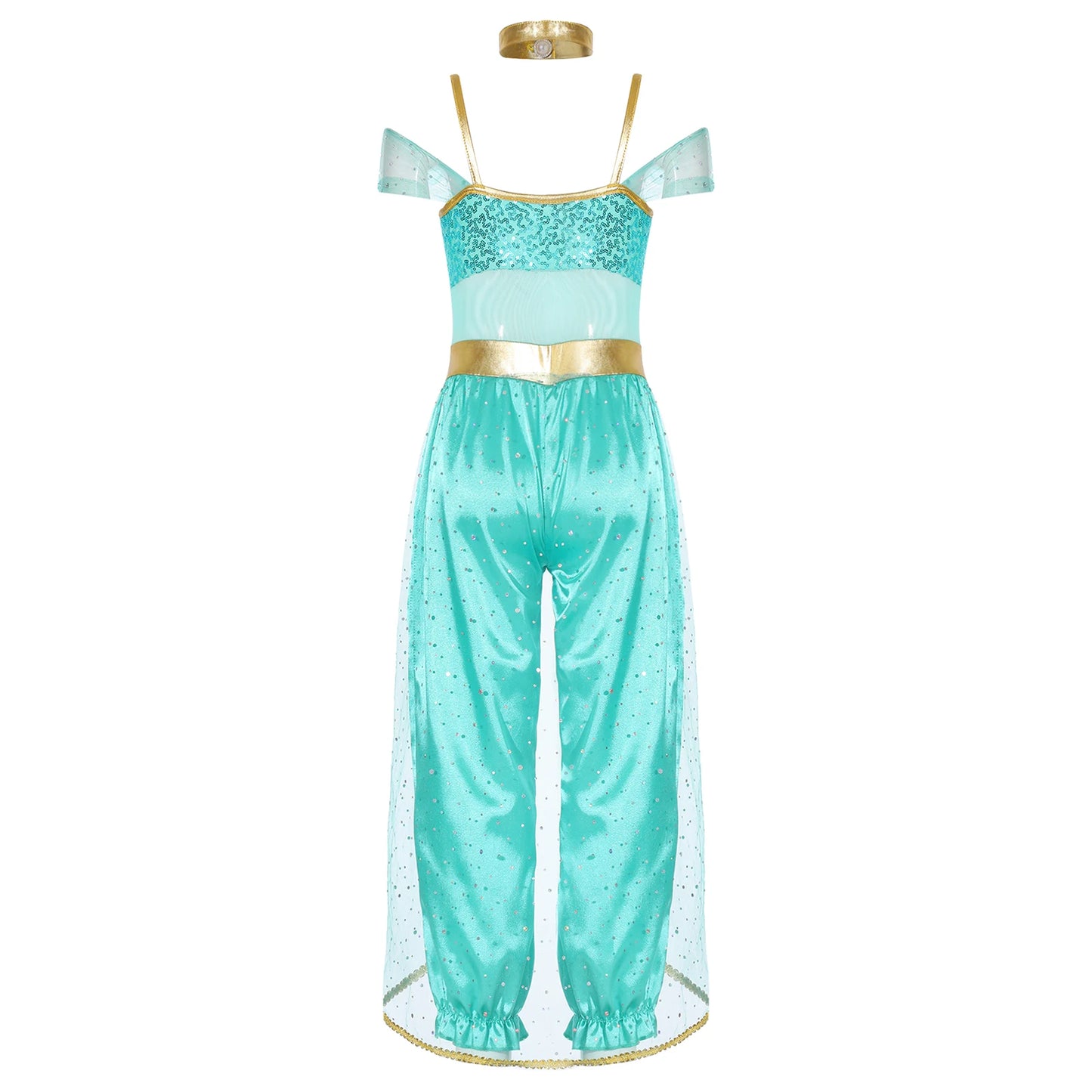 Shiny Sequin Gem Girls Halloween Jasmines Costume Kids Arabian Princess Cosplay Fancy Jumpsuit with Choker for Dance Performance