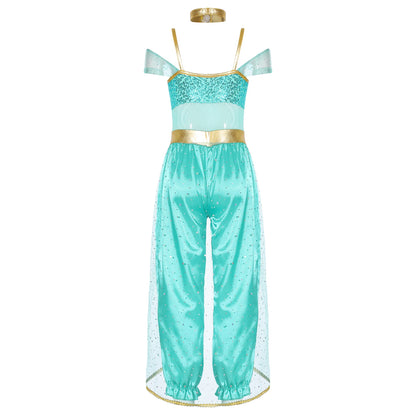 Shiny Sequin Gem Girls Halloween Jasmines Costume Kids Arabian Princess Cosplay Fancy Jumpsuit with Choker for Dance Performance