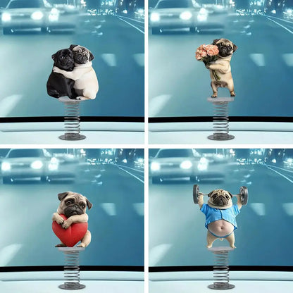 Cute 2D Pug Car Ornaments Kawaii Reading Dog Car Panel Dashboard  Spring Toys Decor Creative Accessories Gift
