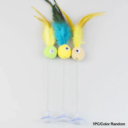 1pc Feather Spring Cat Interactive Toy Suction Cup Cat Fur Ball Teaser Wand Toys Cat Scratcher Toys Pet Supplies Random Color