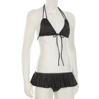 2025 Summer Vacation Beach 2 Piece Set Women Sexy Polka Dots Print Lace Up Halter Bra + Ruffles Micro Mini Skirts Swimsuit