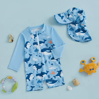 Cartoon Whale Print Children Boy Rash Guard Swimsuit with Hat Summer New Zip Up Long Sleeve Crew Neck Kids Swimwears Beachwear