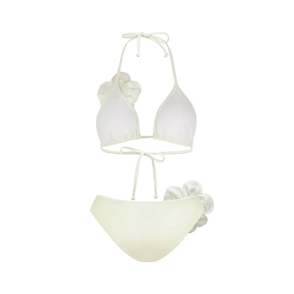 2026 New Sexy White 3D Flower Solid Two Piece Push Up Bikini Set Luxury Swimwear Women Swimsuit Beachwear Summer Bathing Suit