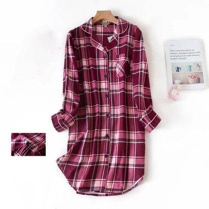 Nightgown 100% Brushed Cotton Nightshirts Women's Sleepwear Long Sleeve Plaid Winter Oversize Sleep Dress Women Home Clothes