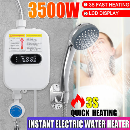 3S Instant Water Heater Shower 3500W 110V 220V Heating Bathroom Kitchen Tankless Electric Water Heater Temperature Display