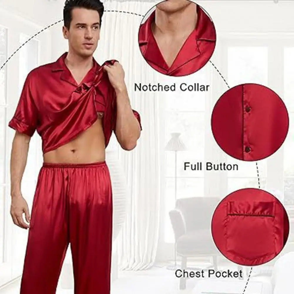 2Pcs/Set Silk Satin Men Pajama Set Notch Collar Button Down Pajama Top with Chest Pocket Elastic Waist Bottoms Set Sleepwear
