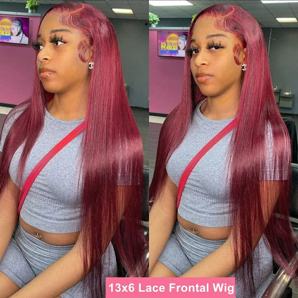 13x4 99j Burgundy Lace Front Wig 13x6 Straight Lace Frontal Wigs HD Transparent Lace Colored Remy Red Human Hair Wigs For Women