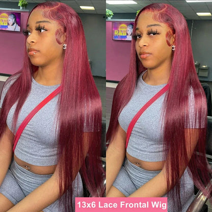 13x4 99j Burgundy Lace Front Wig 13x6 Straight Lace Frontal Wigs HD Transparent Lace Colored Remy Red Human Hair Wigs For Women