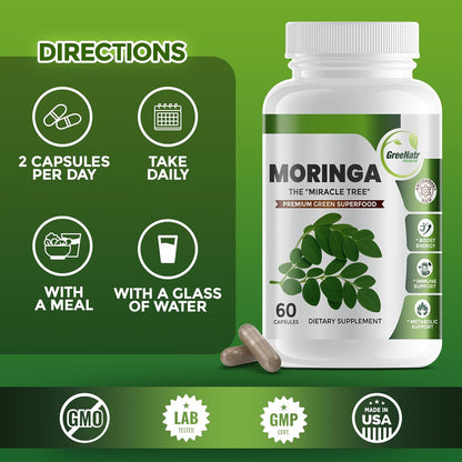 Pure Moringa Oleifera Leaf Extract Veggie Capsules 1000 Mg. Natural Herbal Supplement. Energy, Mood, Memory and Focus Support. Premium Green Superfood (3 Bottles)