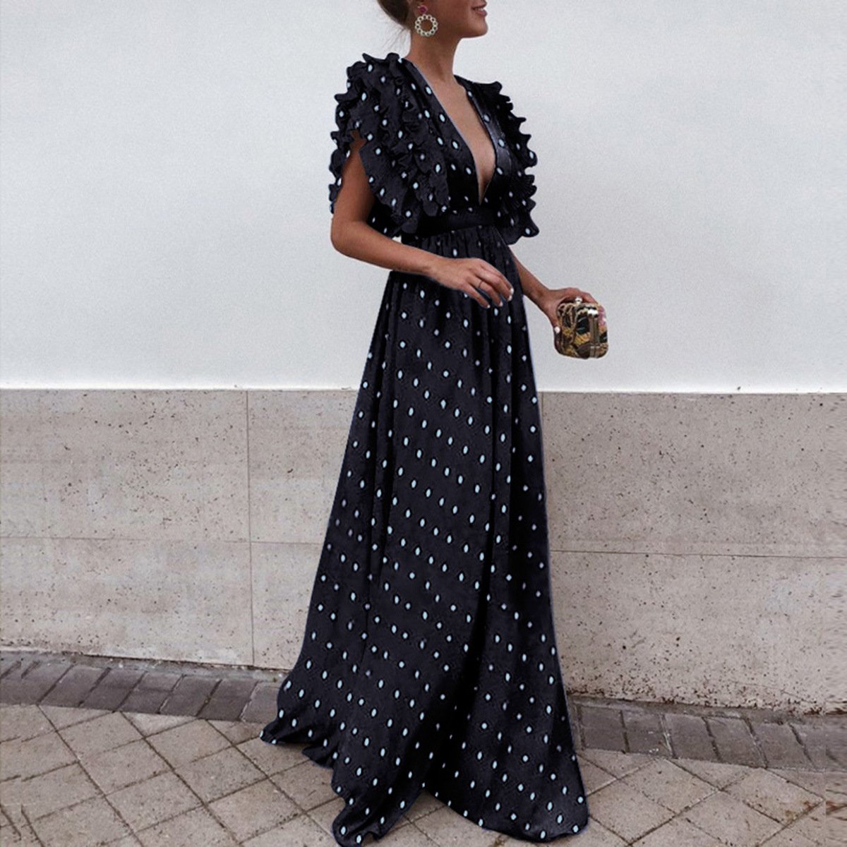 Women's Polka-Dot V-Neck Backless Long Dress