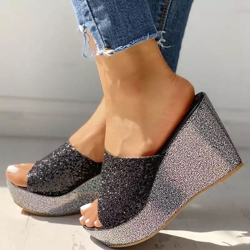 Women's Summer Sequined Fish Mouth Flat Wedge Sandals